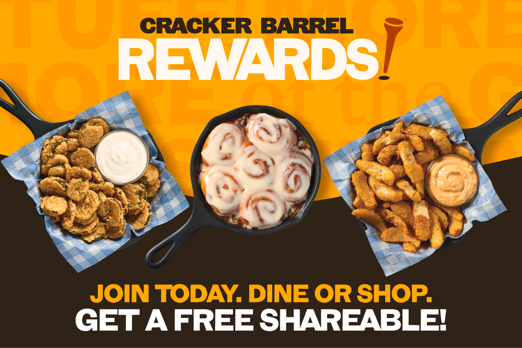 cracker barrel rewards. join today. dine or shop. get a free shareable! showing shareables in skillets